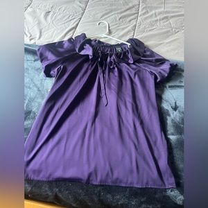 New York & Co. short sleeve satin ruffle collar blouse with tie front